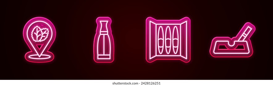 Set line Tobacco leaf, Vape liquid bottle, Cigar and Ashtray with cigarette. Glowing neon icon. Vector