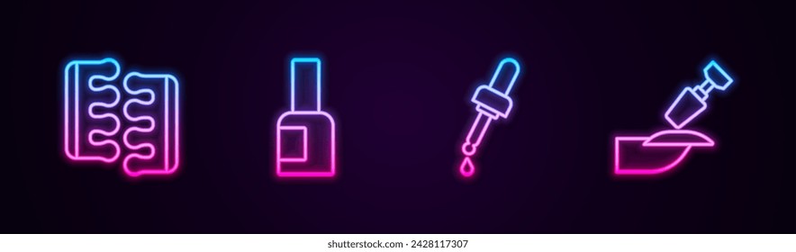 Separador de puntera para pedicura, botella de esmalte de uñas, pipeta con aceite y manicura del cortador de fresado. Icono de neón brillante. Vector