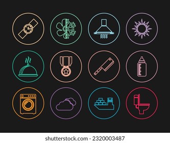 Set line Toilet bowl, Baby bottle, Kitchen extractor fan, Medal with star, Covered tray of food, Wrist watch, Meat chopper and Air conditioner icon. Vector