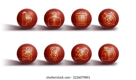 Set line Toilet bowl, Bar of soap, Washing dishes, Sponge, Hanger wardrobe, Dishwashing liquid bottle and Trash can icon. Vector