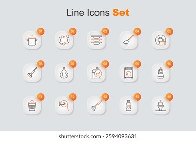 Set line Toilet bowl, Bottle for detergent, Rubber plunger, paper roll, Trash can, Dishwashing liquid bottle, Washer and Home cleaning service icon. Vector