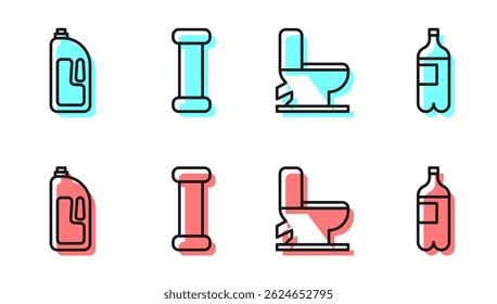Set line Toilet bowl, Container with drain cleaner, Industry metallic pipe and Bottle of water icon. Vector
