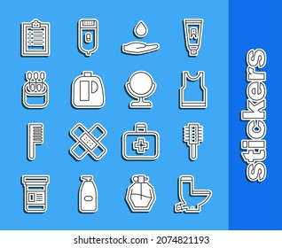Set line Toilet bowl, Hairbrush, Sleeveless T-shirt, Washing hands with soap, Bottles for cleaning agent, Cotton swab ears, Clipboard checklist and Round makeup mirror icon. Vector