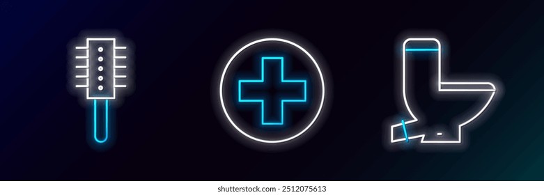 Set line Toilet bowl, Hairbrush and Cross hospital medical icon. Glowing neon. Vector