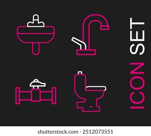 Set line Toilet bowl, Industry pipe and valve, Water tap and Washbasin icon. Vector