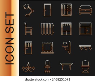 Set line Toilet bowl, Led track lights and lamps, Window in the room, Wardrobe, Heating radiator, Chair, Table and  icon. Vector