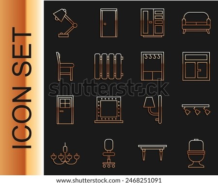 Set line Toilet bowl, Led track lights and lamps, Window in the room, Wardrobe, Heating radiator, Chair, Table and  icon. Vector