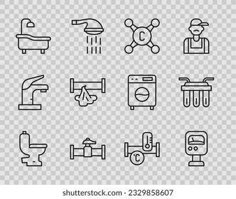Set line Toilet bowl, Pressure water meter, Water tap, Industry pipe and valve, Bathtub, Broken, metallic and filter icon. Vector