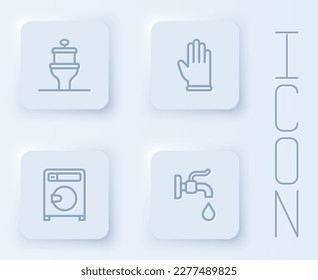 Set line Toilet bowl, Rubber gloves, Washer and Water tap. White square button. Vector