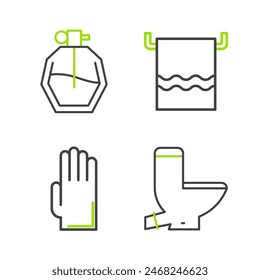 Set line Toilet bowl, Rubber gloves, Towel on a hanger and Perfume icon. Vector