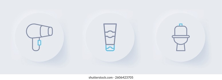 Set line Toilet bowl, Tube of toothpaste and Hair dryer icon. Vector