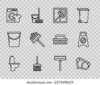 Set line Toilet bowl, Washing dishes, Squeegee, scraper, wiper, Handle broom, Washer t-shirt,  and Wet floor cleaning progress icon. Vector