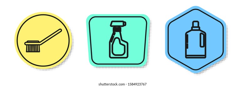 Set line Toilet brush , Cleaning spray bottle with detergent liquid  and Plastic bottles for liquid dishwashing liquid. Colored shapes. Vector