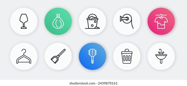 Set line Toilet brush, Drying clothes, Hanger wardrobe, Trash can, paper roll, Bucket with foam and bubbles, Washbasin and Dustpan icon. Vector