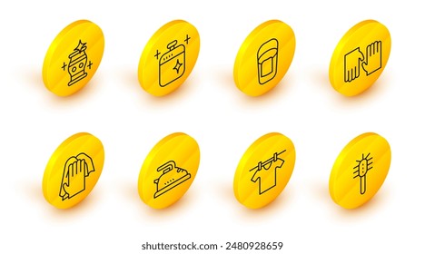 Cepillo de inodoro, Ropa de secar, Plancha eléctrica, Servicio de limpieza, Guantes de goma, Cubo con trapo, olla de cocina e icono de jarrón. Vector