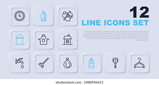 Set line Toilet brush, Hanger wardrobe, Kitchen apron, Dishwashing liquid bottle, Bucket, Mop, Bottle for detergent and Garbage bag icon. Vector