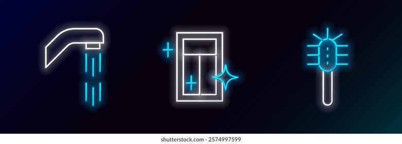 Set line Toilet brush, Shower head and Cleaning service for window icon. Glowing neon. Vector