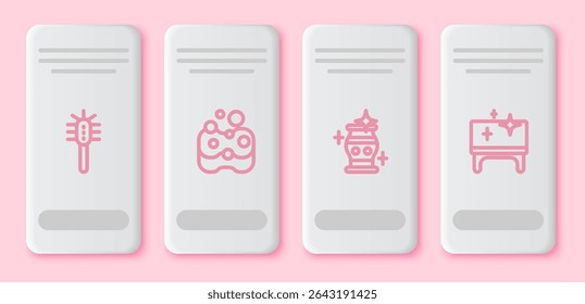 Set line Toilet brush, Sponge, Clean vase and table. White rectangle button. Vector