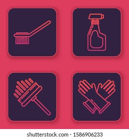 Set line Toilet brush , Squeegee, scraper, wiper, Cleaning spray bottle with detergent liquid  and Rubber gloves . Blue square button. Vector