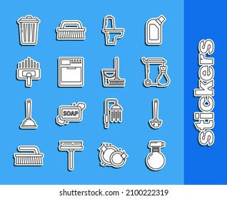 Set line , Toilet brush, Trash can, bowl, Washer, Vacuum cleaner,  and Mop and bucket icon. Vector
