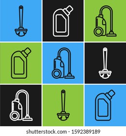 Set line Toilet brush , Vacuum cleaner  and Plastic bottles for liquid dishwashing liquid icon. Vector