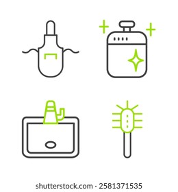 Set line Toilet brush, Washbasin, Clean cooking pot and Kitchen apron icon. Vector