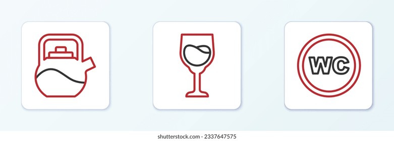 Set line Toilet, Kettle with handle and Wine glass icon. Vector