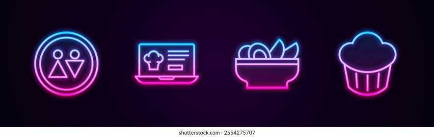 Set line Toilet, Online ordering and delivery, Nachos plate and Cupcake. Glowing neon icon. Vector