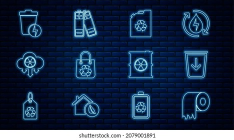 Set line Toilet paper roll, Send to the trash, Eco fuel canister, Shopping bag with recycle, Acid rain and radioactive cloud, Lightning, Radioactive waste barrel and Battery icon. Vector