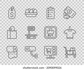 Set line Toilet paper roll, Hand truck and boxes, Shopping list, Security camera, Price tag with dollar, Electronic scales, cart computer and T-shirt icon. Vector