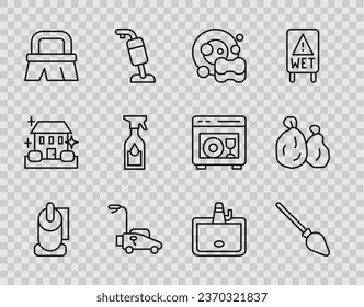 Set line Toilet paper roll, Handle broom, Washing dishes, Lawn mower, Brush for cleaning, Cleaning spray bottle, Washbasin and Garbage bag icon. Vector