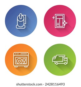 Set line Toilet paper roll, Cleaning service for window, Dishwasher machine and Garbage truck. Color circle button. Vector