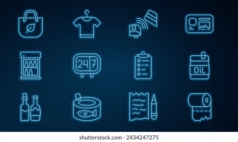 Set line Toilet paper roll, Bottle of olive, POS terminal with credit card, Clock 24 hours, Commercial refrigerator, Shopping bag recycle, list and T-shirt icon. Vector