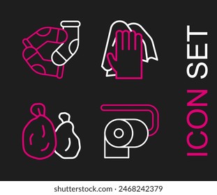 Set line Toilet paper roll, Garbage bag, Cleaning service and Socks icon. Vector