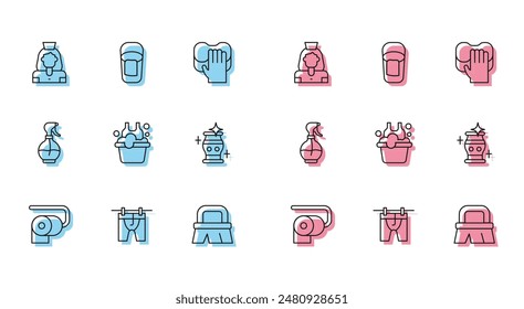 Set line Toilet paper roll, Drying clothes, Cleaning lady service, Brush for cleaning, Basin with soap suds, vase, Water spray bottle and Bucket rag icon. Vector