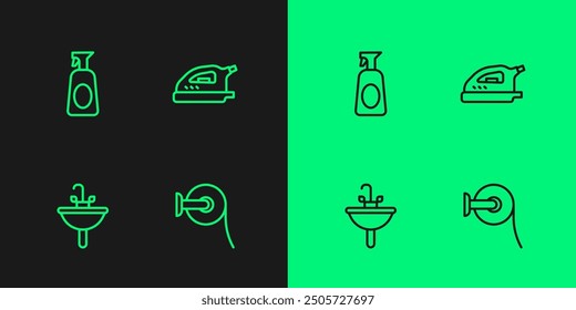 Set line Toilet paper roll, Washbasin, Cleaning spray with detergent and Electric iron icon. Vector