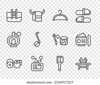 Set line Toilet paper roll, Sauna bench with bucket, Hanger wardrobe, Bar of soap, Swimming pool ladder, ladle, brush and Cream or lotion cosmetic tube icon. Vector