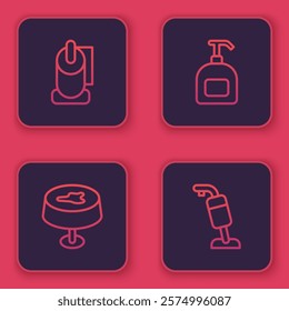 Set line Toilet paper roll, Stain on the tablecloth, Bottle of liquid soap and Vacuum cleaner. Blue square button. Vector