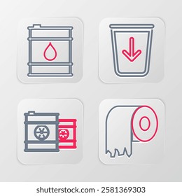 Set line Toilet paper roll, Radioactive waste in barrel, Send to the trash and Oil icon. Vector