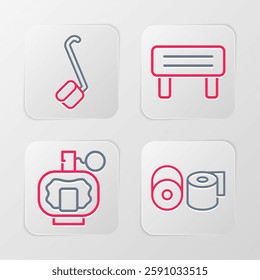 Set line Toilet paper roll, Aftershave, Sauna wood bench and ladle icon. Vector