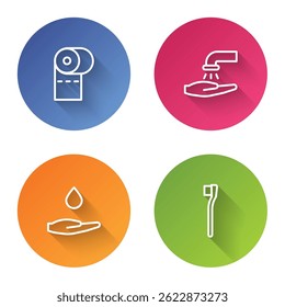 Set line Toilet paper roll, Washing hands with soap,  and Toothbrush. Color circle button. Vector