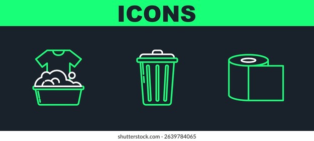 Set line Toilet paper roll, Plastic basin with soap suds and Trash can icon. Vector