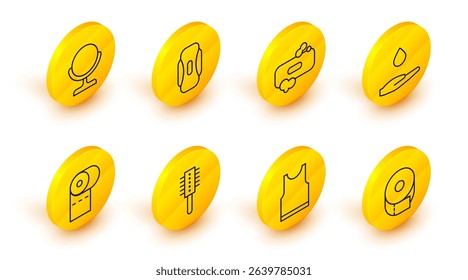Set line Toilet paper roll, Sleeveless T-shirt, Hairbrush, Washing hands with soap, Bar of, Sanitary napkin and Round makeup mirror icon. Vector