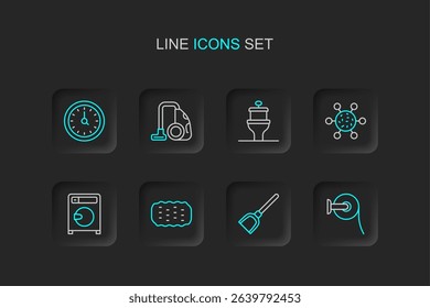 Set line Toilet paper roll, Dustpan, Sponge, Washer, Bacteria, bowl, Vacuum cleaner and Clock icon. Vector