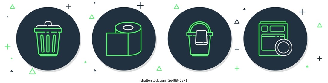 Set line Toilet paper roll, Bucket with rag, Trash can and Kitchen dishwasher machine icon. Vector