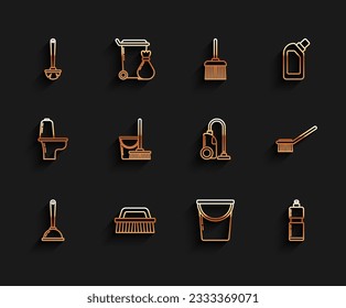 Set line Toilet plunger, Brush for cleaning, brush, Bucket, Plastic bottles liquid dishwashing liquid, Mop and bucket,  and Vacuum cleaner icon. Vector