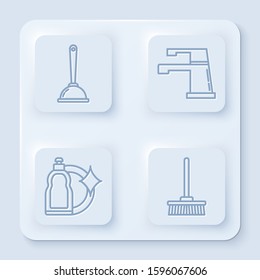 Set line Toilet plunger, Water tap , Plastic bottles for liquid dishwashing liquid and Mop . White square button. Vector