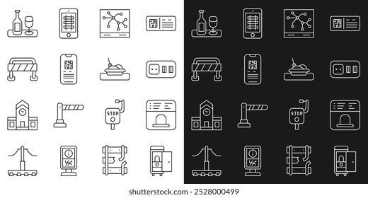 Fije la línea del retrete en el coche del tren, oficina de boletos para comprar boletos, toma de corriente eléctrica, mapa del ferrocarril, boleto electrónico, barrera del camino, botella de vino con el vidrio y el icono de la comida de la placa. Vector