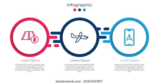 Definir linha Sinal de trânsito rodoviário de chamada tarifada, Navegação de mapa de Plano e Cidade. Modelo de infográfico comercial. Vetor