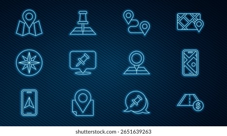 Definir a linha Tráfego rodoviário por portagem, Navegação no mapa da cidade, Localização da rota, Push pin, Wind rose, Dobrado com marcador e ícone. Vetor